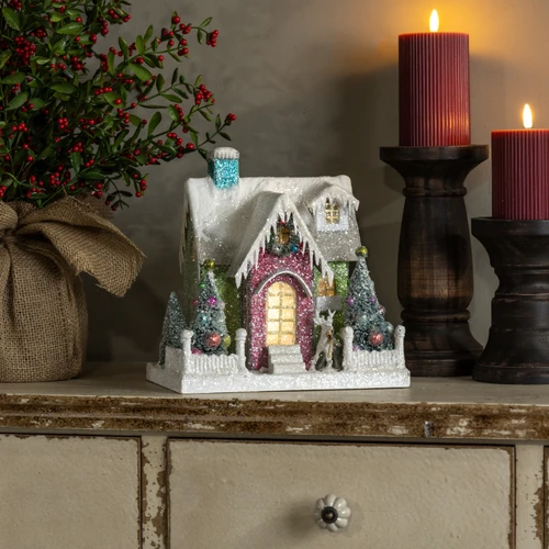 LIGHTED COLORFUL HOUSE W/ TEAL CHIMNEY