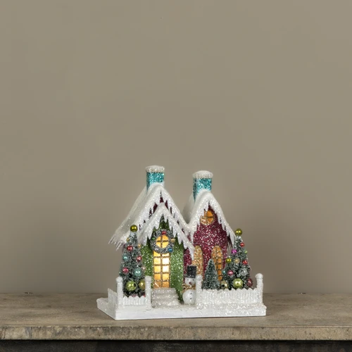 LIGHTED COLORFUL HOUSE W/ TWO TEAL CHIMNEYS