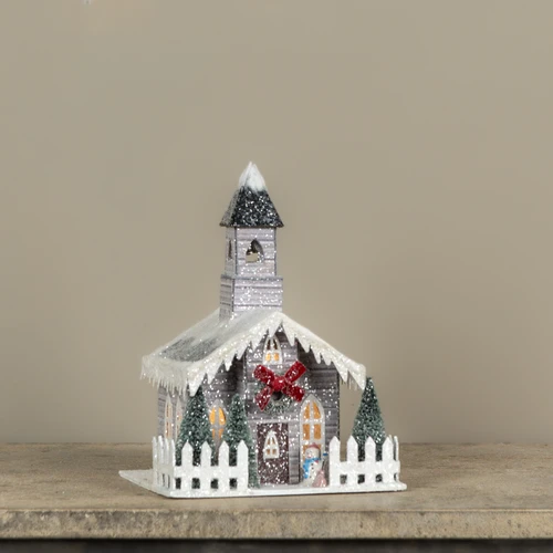 LIGHTED GREY CHURCH W/ RED BOW