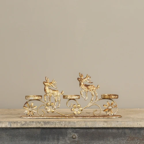 13" GOLD REINDEER PILLAR TEALIGHT HOLDER