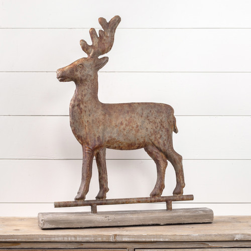 DISTRESSED METAL DEER ON FAUX WOOD BASE