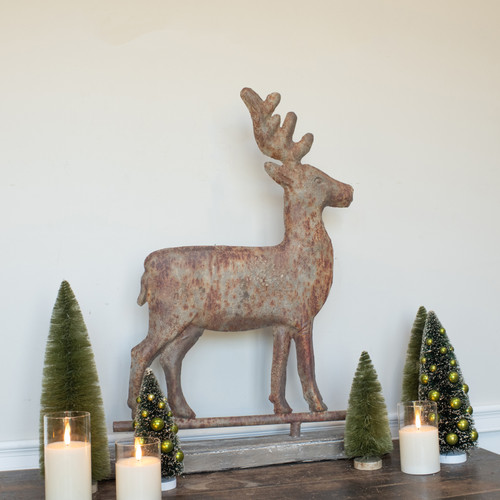 DISTRESSED METAL DEER ON FAUX WOOD BASE