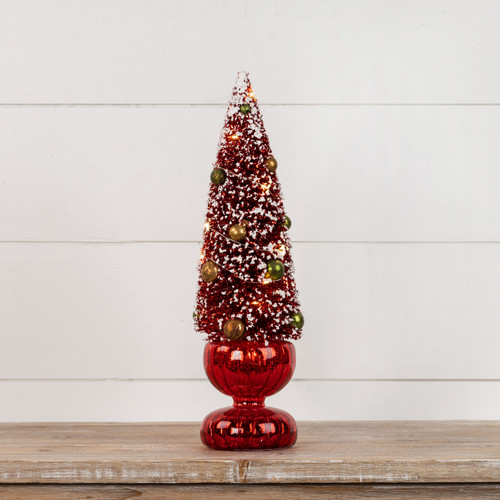 16" LIGHTED TREE IN RED GLASS BASE