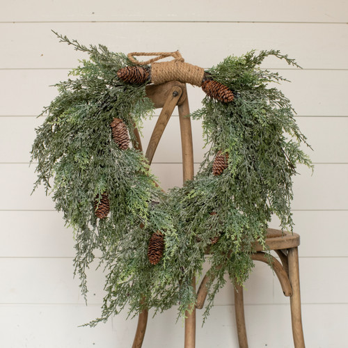 28" DARK GREEN ICED CEDAR & CONES HANGING WREATH