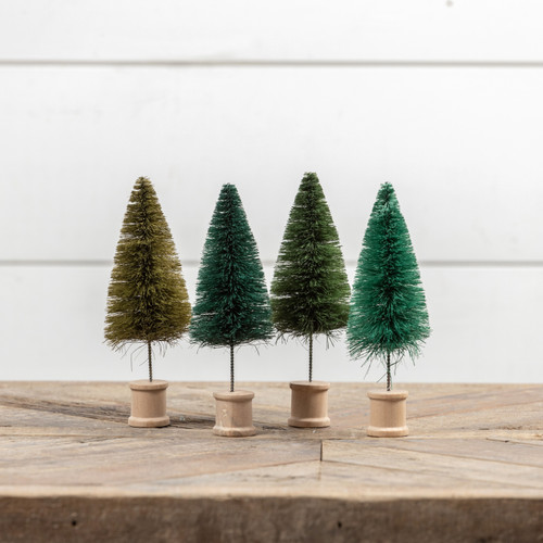 SET/ 4 GREEN BOTTLEBRUSH TREES W/ SPOOL BASES