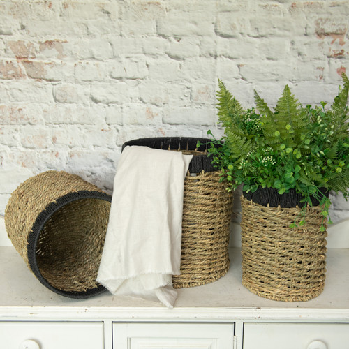 SET/ 3 WOVEN GRASS BASKET W/ BLACK TRIM