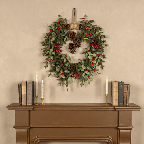 24" FITTONIA, HOLLY & PINE W/ BERRIES HANGING WREATH