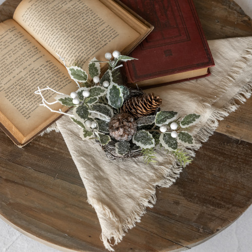 7" ICED HOLLY & CONES BIRDNEST TABLE PIECE