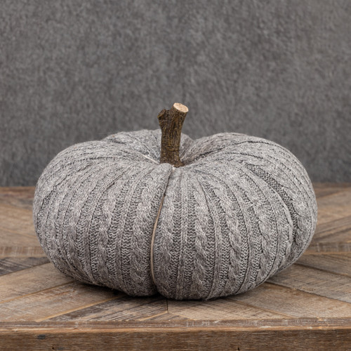 7.5" SILVER FLECKED GREY FABRIC PUMPKIN W/ FAUX WOOD STEM