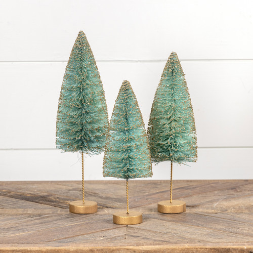 SET/ 3 BLUE W/ SILVER GLITTER BOTTLEBRUSH TREES