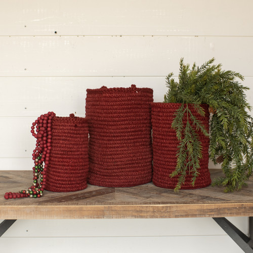 SET/3 RED WEAVE HANGING BASKETS
