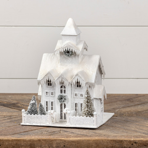 LIGHTED WHITE COUNTRY CHURCH