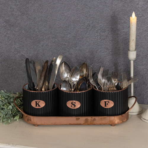 BLACK & COPPER TRAY W/ 3 CANISTERS