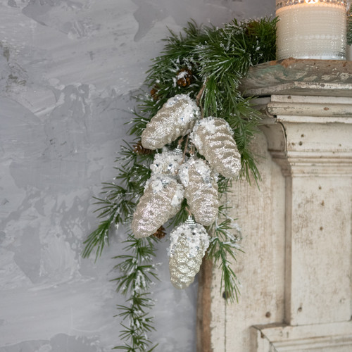 SET/ 6 GLITTERED WHITE PINECONE ORNAMENTS