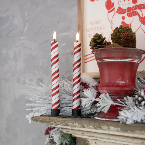 SET/ 2 - 8.5" RED 3D FLAME CANDY CANE TAPER CANDLE