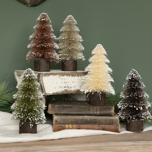 SET/ 5 - 7.25" SNOWY NEUTRAL BOTTLEBRUSH TREES