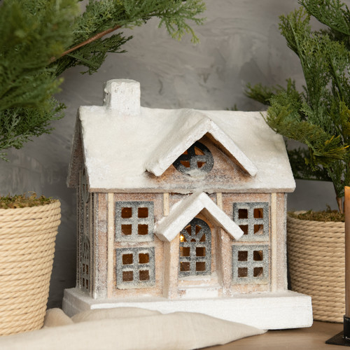 10.25" SNOWY LIGHTED WOOD HOUSE