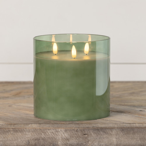 6" GREEN GLASS 3 WICK 3D FLAME CANDLE