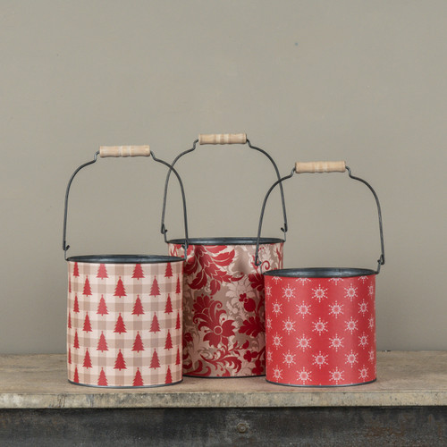 SET/3 COZY CHRISTMAS METAL BUCKETS