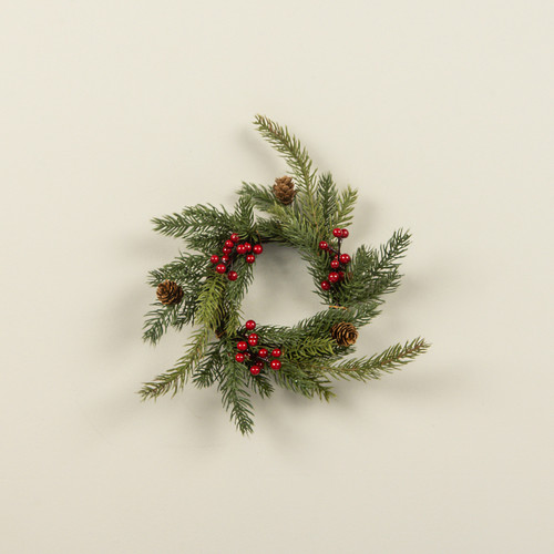 10" WHITE SPRUCE, RED BERRY & PINECONE CANDLE RING
