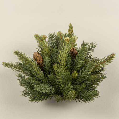 9" WHITE SPRUCE HALF BALL W/ MINI PINECONES