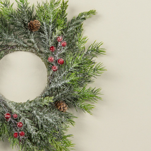 12" ANGEL PINE & HEMLOCK CANDLE RING W/ BERRIES & PINECONES