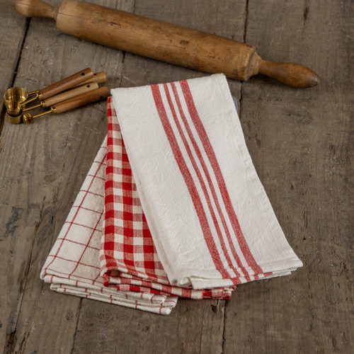 SET/ 3 RED & CREAM KITCHEN TOWELS