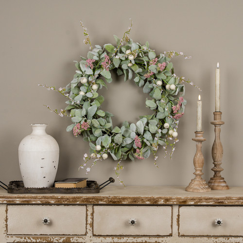 24" PINK BERRY & LAMB'S EAR WREATH