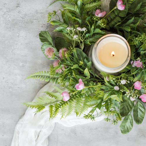 14" PINK ALLIUM & MIXED FOLIAGE CANDLE RING