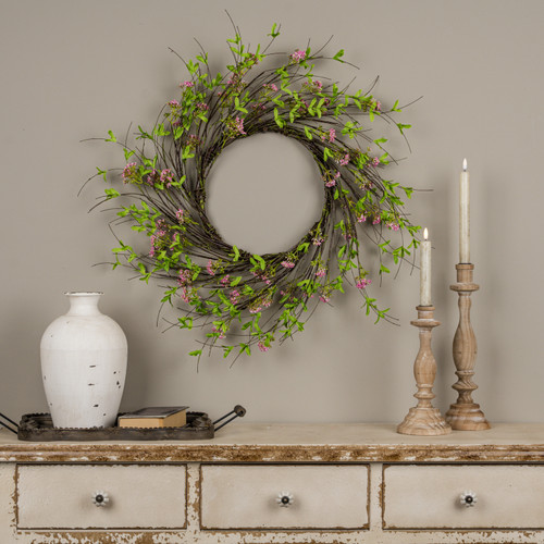 24" PINK BOXWOOD & WILDFLOWER VINE WREATH