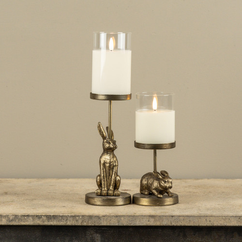 GOLD CROUCHED BUNNY PILLAR CANDLE HOLDER