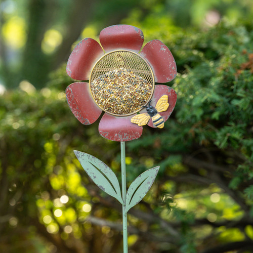 RED FLOWER BIRD FEEDER STAKE W/ BEE