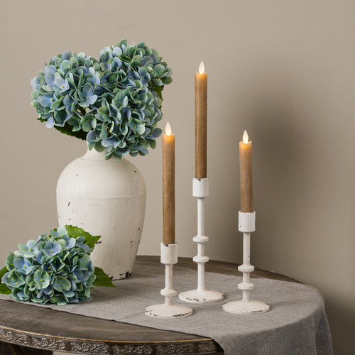 SET/ 3 AGED WHITE TAPER CANDLESTICKS