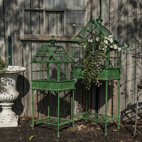 SET/ 2 GREEN TERRARIUMS ON STANDS