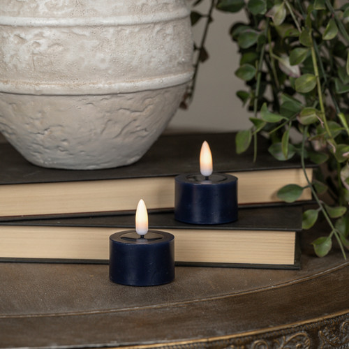 SET/ 2 - 3D FLAME NAVY TEALIGHT CANDLES W/ MELTING EFFECT