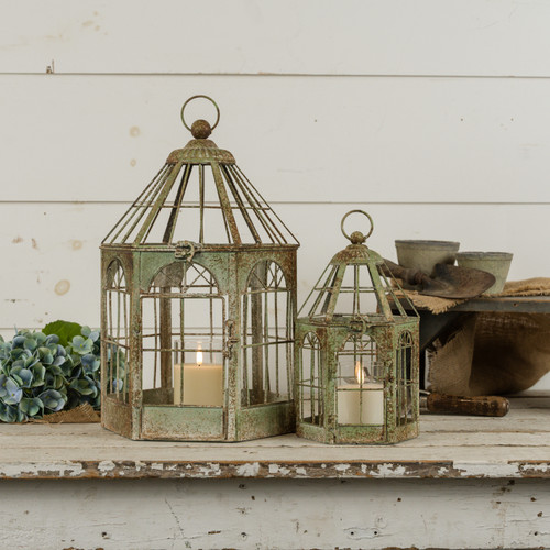 SET/ 2 AGED GREEN BIRDCAGE LANTERNS