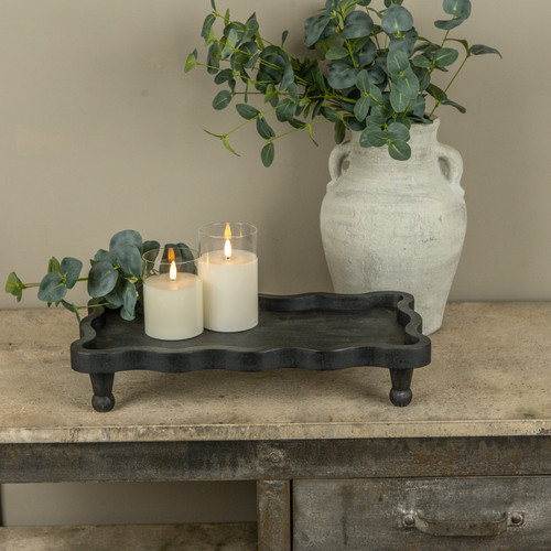 17.25" BLACK SCALLOPED RAISED WOOD TRAY