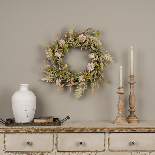 22" CREAM POM POM & FOLIAGE WREATH