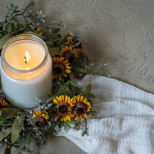 14" SUNFLOWER W/ MIXED FOLIAGE CANDLE RING