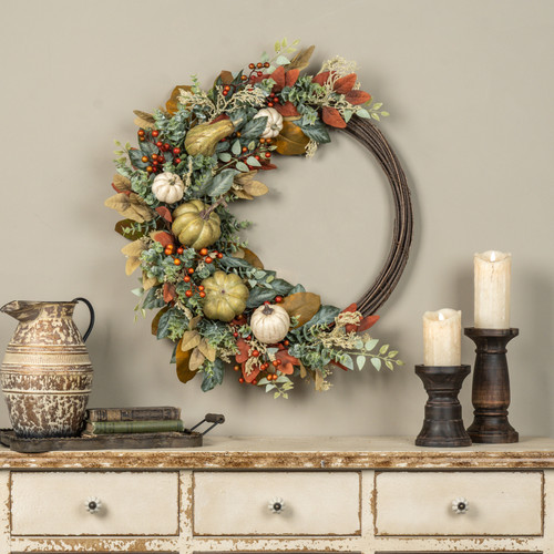 32" PUMPKIN, EUCALYPTUS & BERRIES TWIG WREATH
