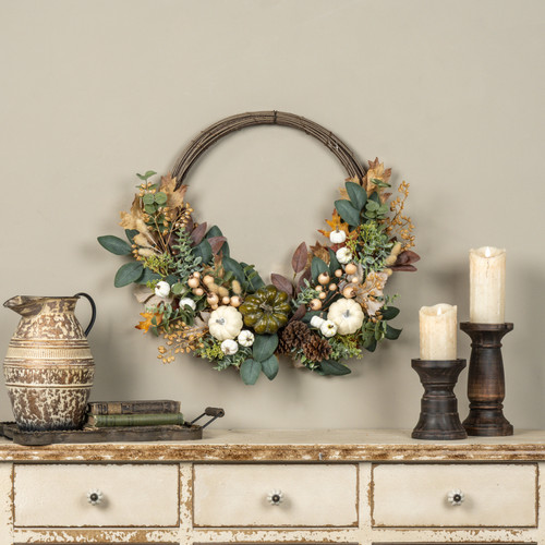 26" PUMPKIN, EUCALYPTUS, PINECONES & BERRIES TWIG WREATH