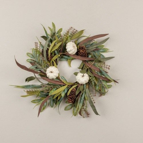 14" WHITE PUMPKIN & FOLIAGE CANDLE RING