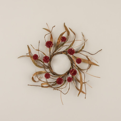 3.5" BURGUNDY POM POM & GRASS CANDLE RING