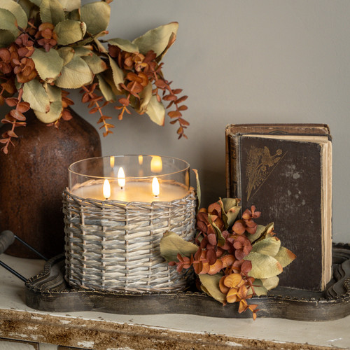 6" WOVEN WICKER GLASS 3 WICK 3D FLAME CANDLE