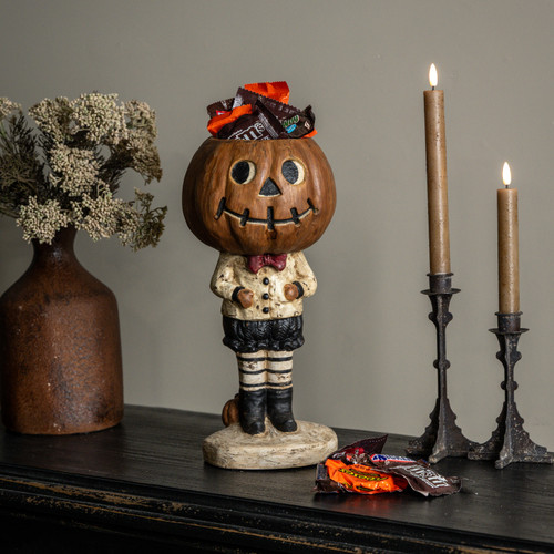 PUMPKIN BOY W/ STRIPED LEGGINGS CANDY DISH
