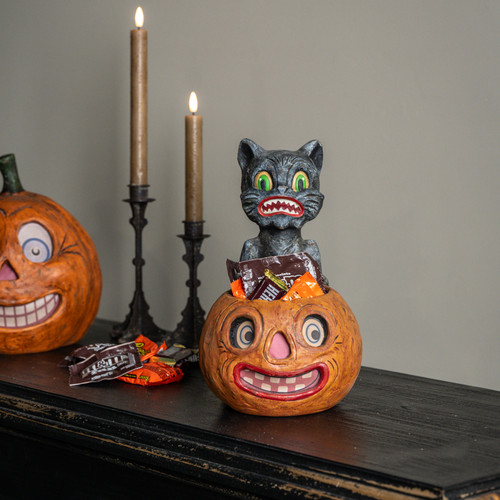 CRAZY CAT W/ JACK-O-LANTERN CANDY CONTAINER