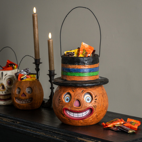 JACK-O-LANTERN W/ HAT CANDY CONTAINER W/ HANDLE