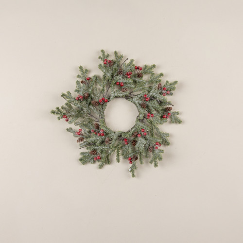 14" ICY PINE W/ BERRIES & PINECONES CANDLE RING