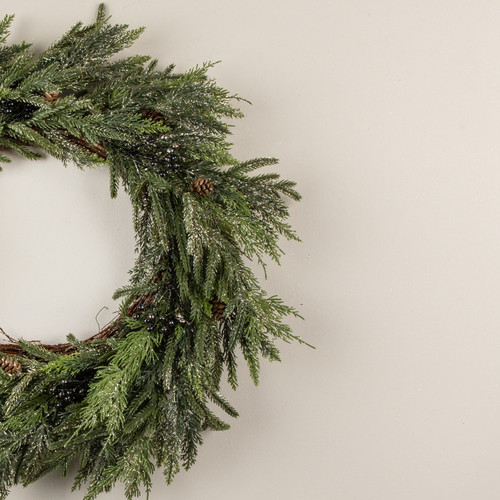 23" GLITTERED JUNIPER, PINECONE & BERRY WREATH