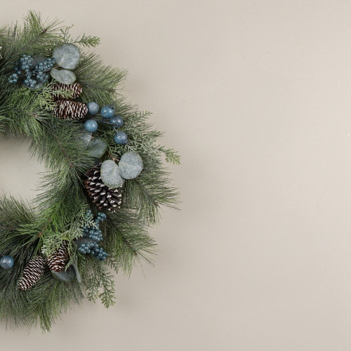 24" ICED PINE, EUCALYPTUS & BLUE BERRIES WREATH